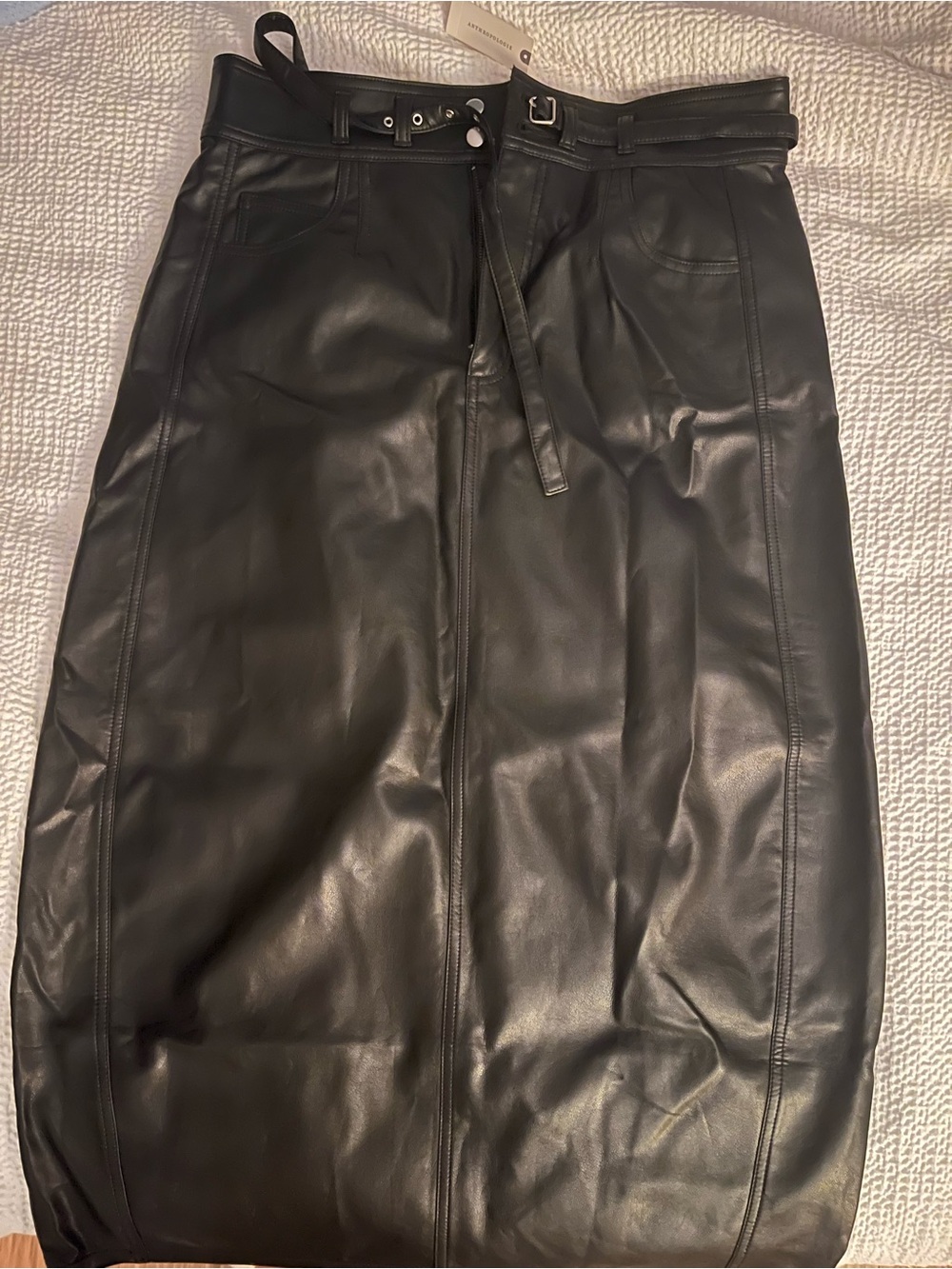Anthropologie Black Faux Leather Pencil Skirt with Belt Detail